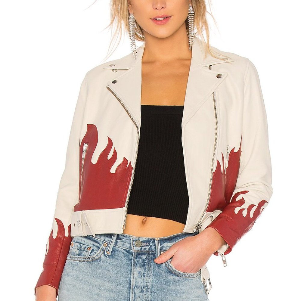 LPA Moto 639 Red White Flame Leather Jacket Size Small